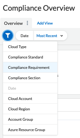 Compliance Standard.png The image is that of the "Compliance Overview" screen with the filter 'funnel' icon selected. Below that is a list of filters and the "Compliance Requirement" filter is highlighted in a different color.