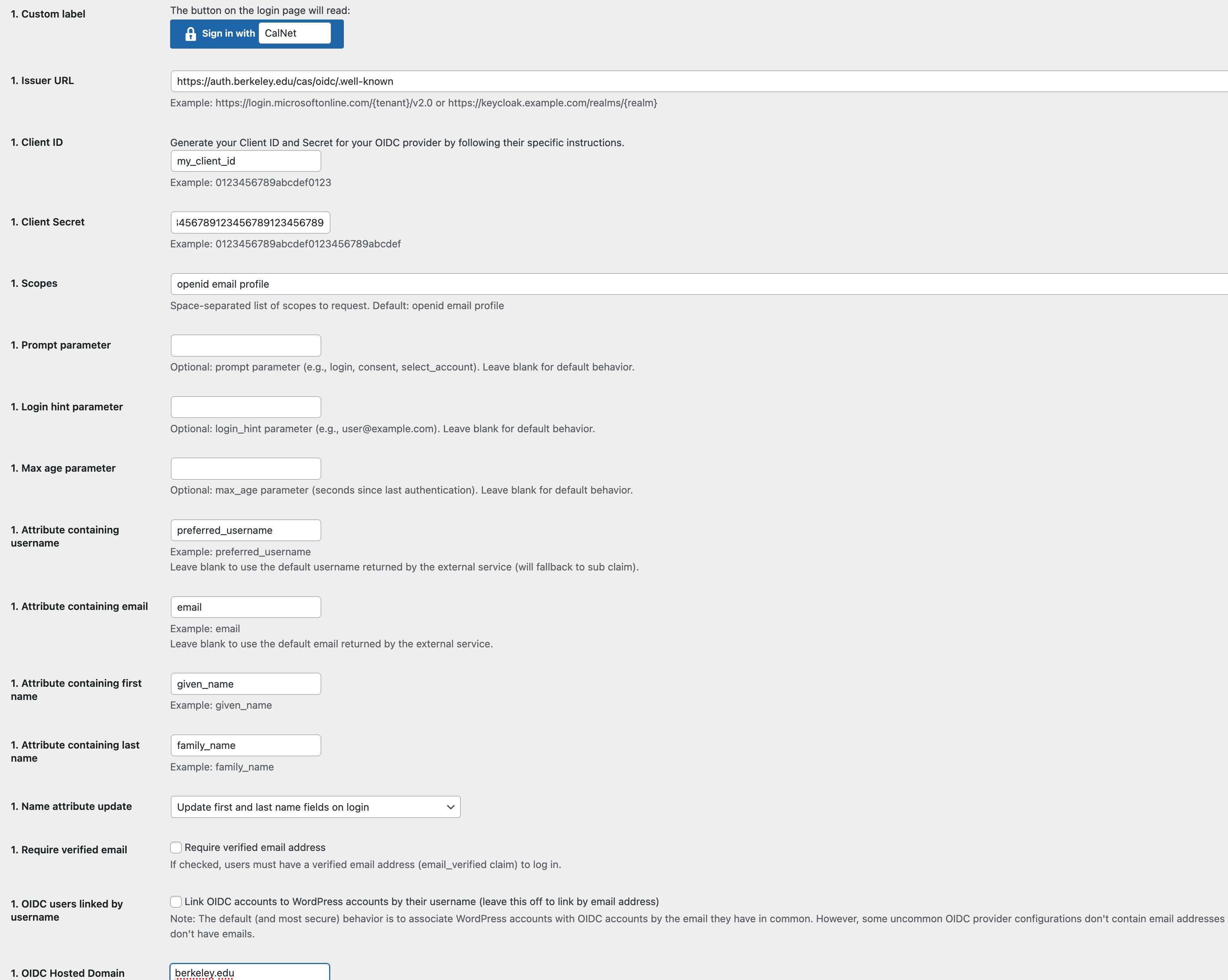 Screenshot of WordPress Authorizer OIDC configuration settings.