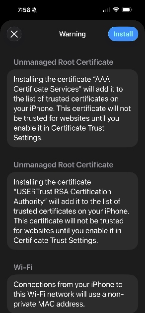 iOS Install Profile Warning