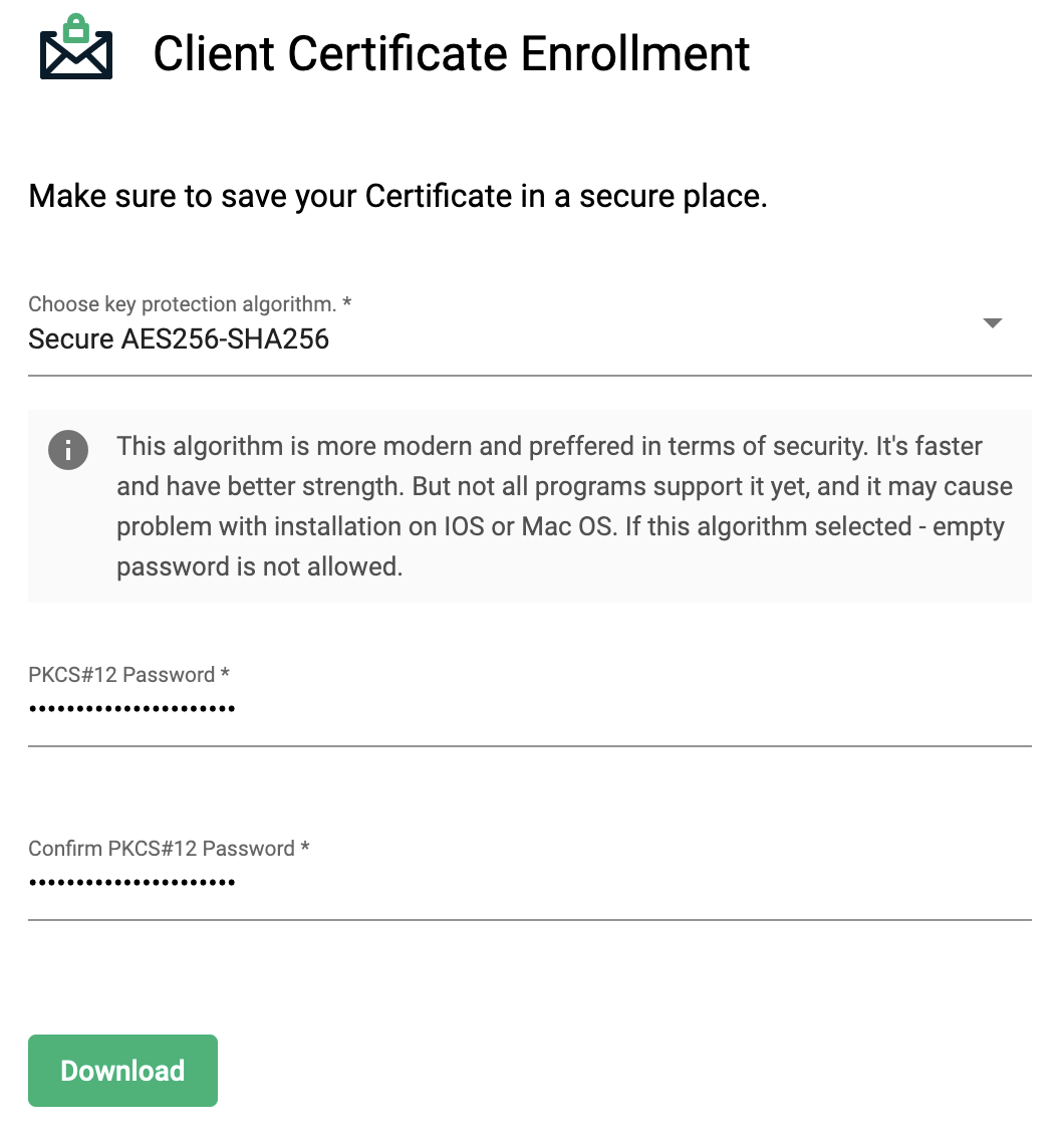 Password entry fields for securing the private key of the certificate.