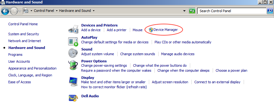 Control Panel>Hardware and Sound, select Device Manager window