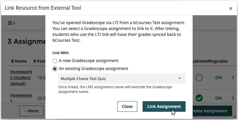A screenshot of the dialogue box "Link Resource from External Tool" in bCourses assignment settings