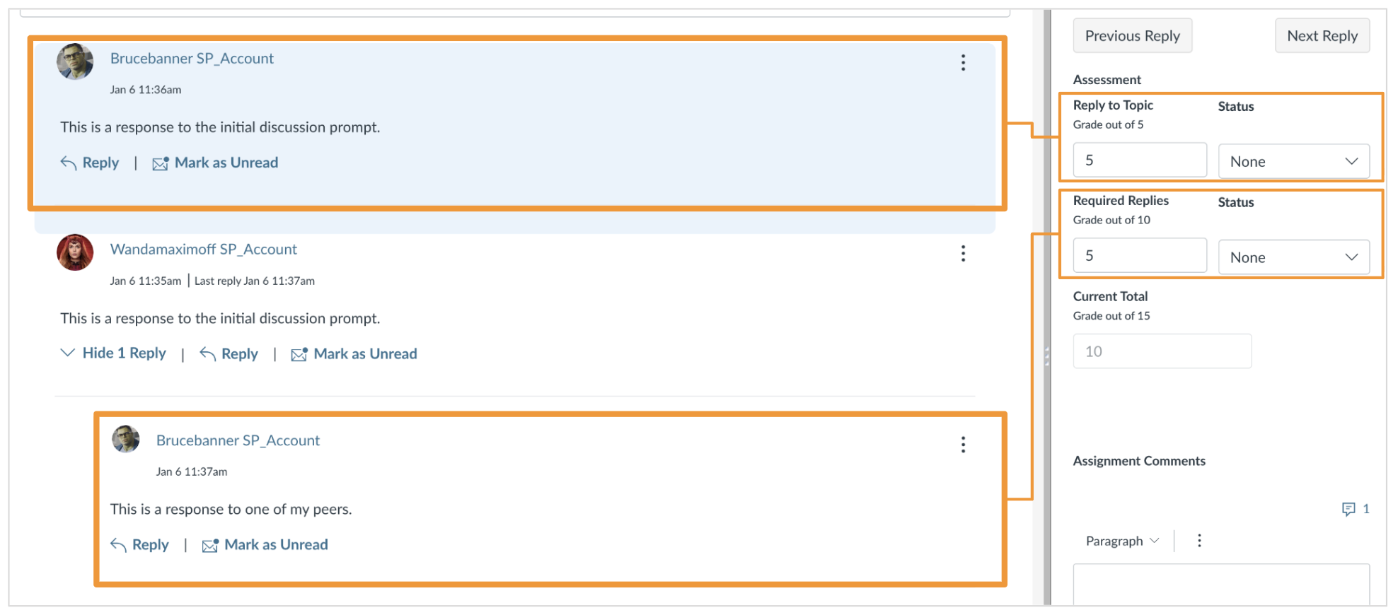 Screenshot of grading a Discussions Checkpoints assignment in the bCourses Speedgrader. At the top, a student&rsquo;s initial response is highlighted in an orange box with a connecting line to the grading field showing a grade of 5 out of 5. At the bottom, a student&rsquo;s response post is highlighted in an orange box with a connecting line to the grading field showing a grade of 5 out of 10. 