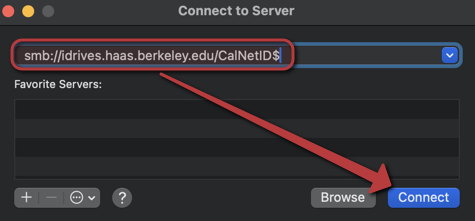 Image of 'Connect to Server' dialog box showing the server address filled in with a red arrow pointing to the blue 'Connect' button.