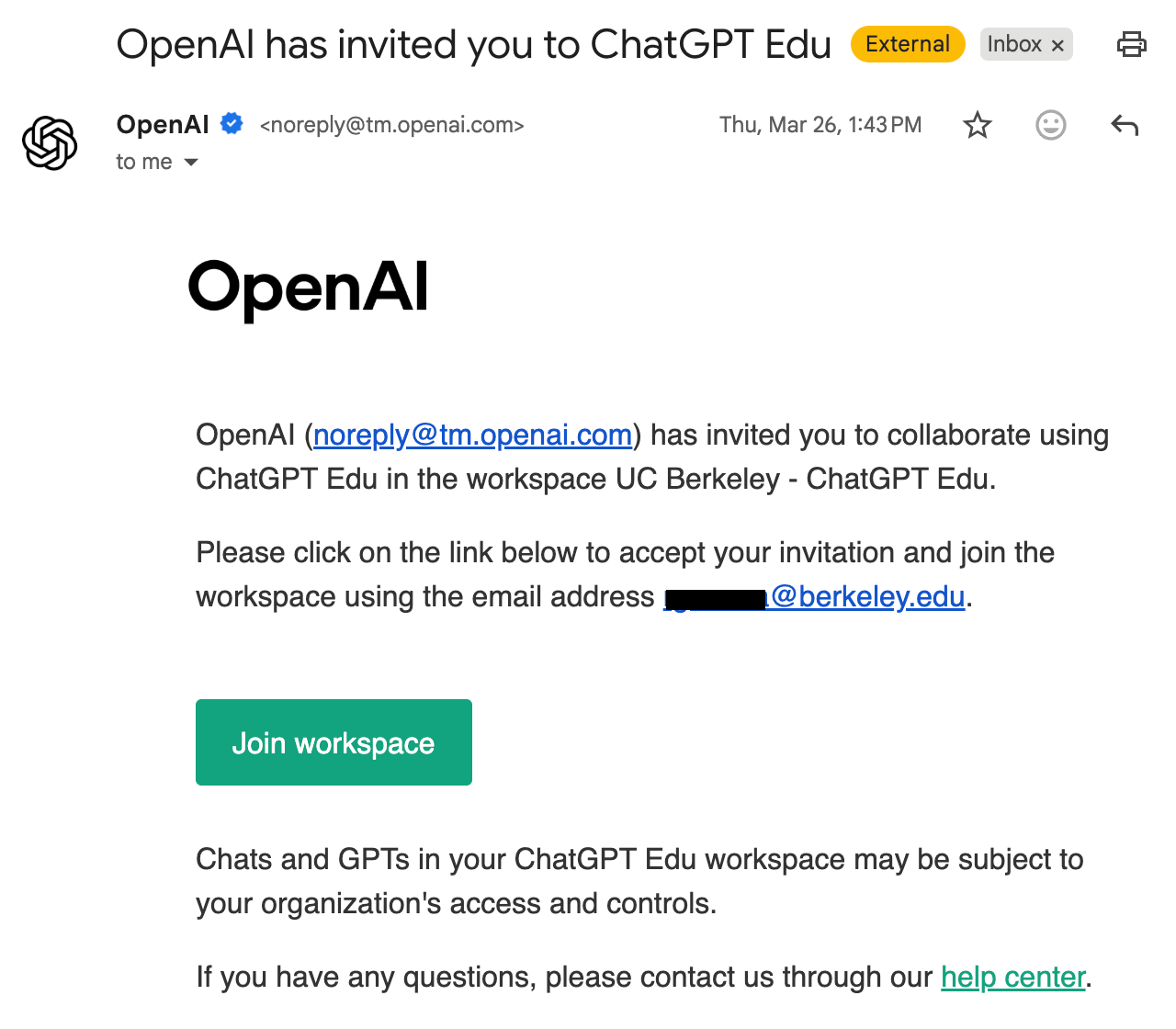 Invite from OpenAI with a green "Join Workspace" button