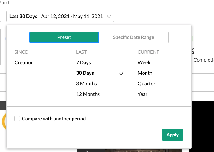 Screenshot of the range dropdown menu open with the 30 Days option selected.