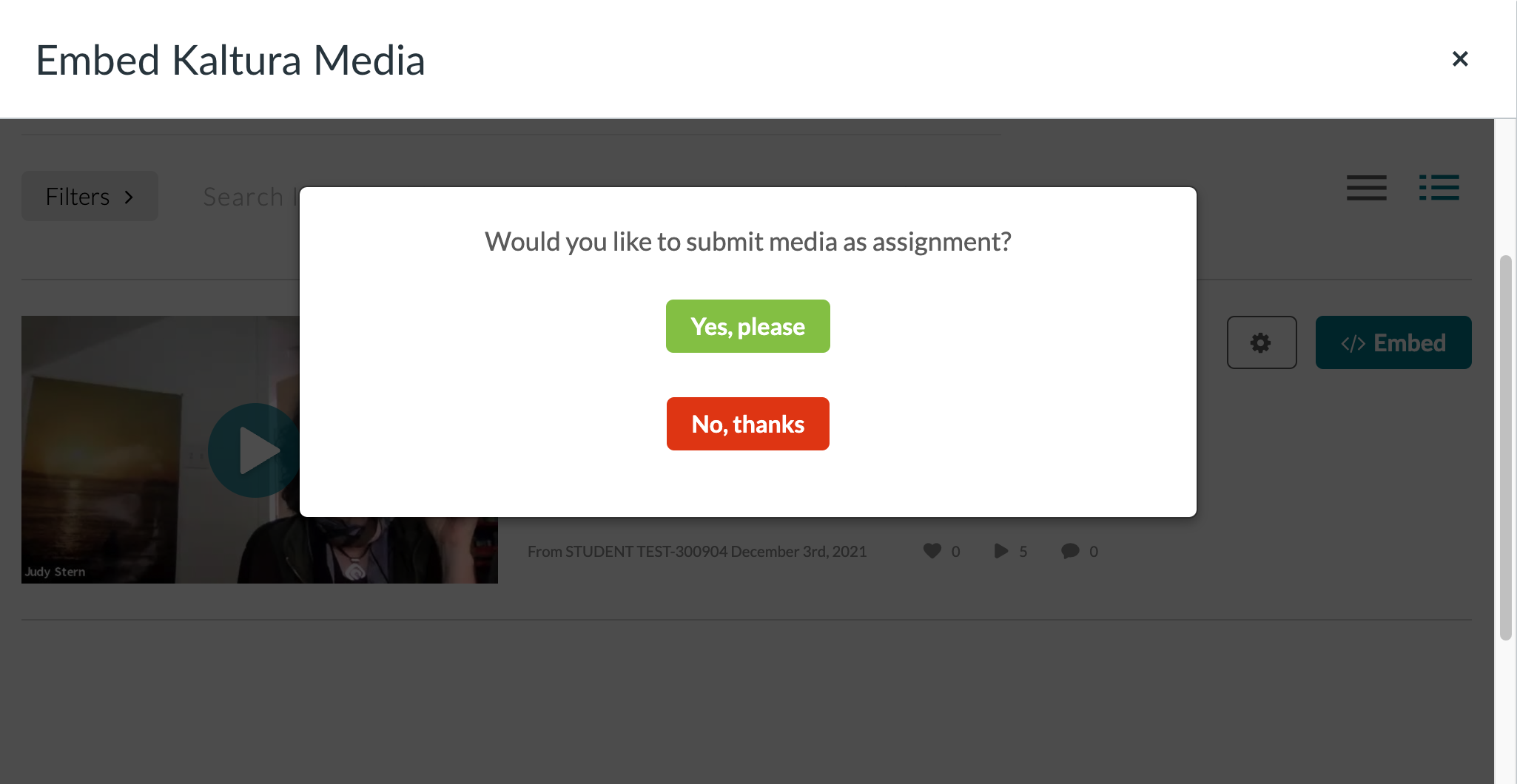 Dialog asking "Would you like to submit media as assignment" with Yes and No choices