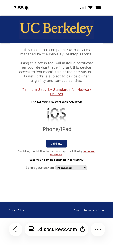 UC Berkeley SecureW2 JoinNow Link