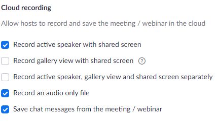 Zoom Cloud recording settings as described in text