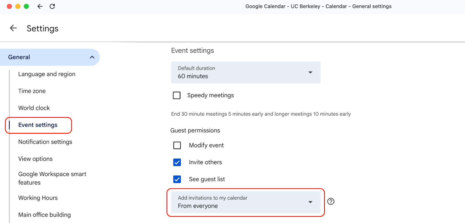 Image: This is the default settings for Google Calendar - Event settings