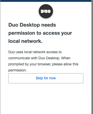 Screen displaying message "Duo Desktop needs permission to access your local network"
