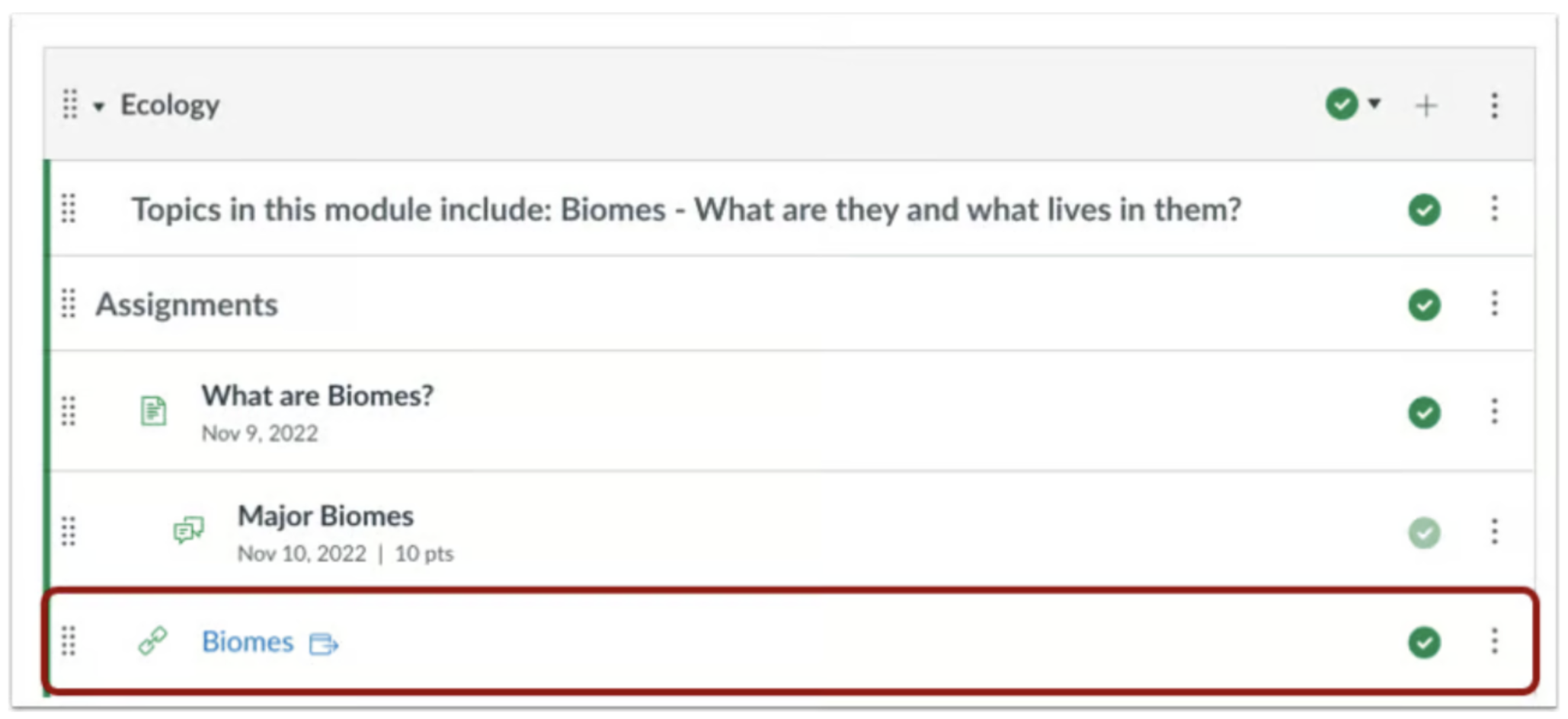 Canvas LMS module view for Ecology showing topics, assignments, and highlighted external link to Biomes.