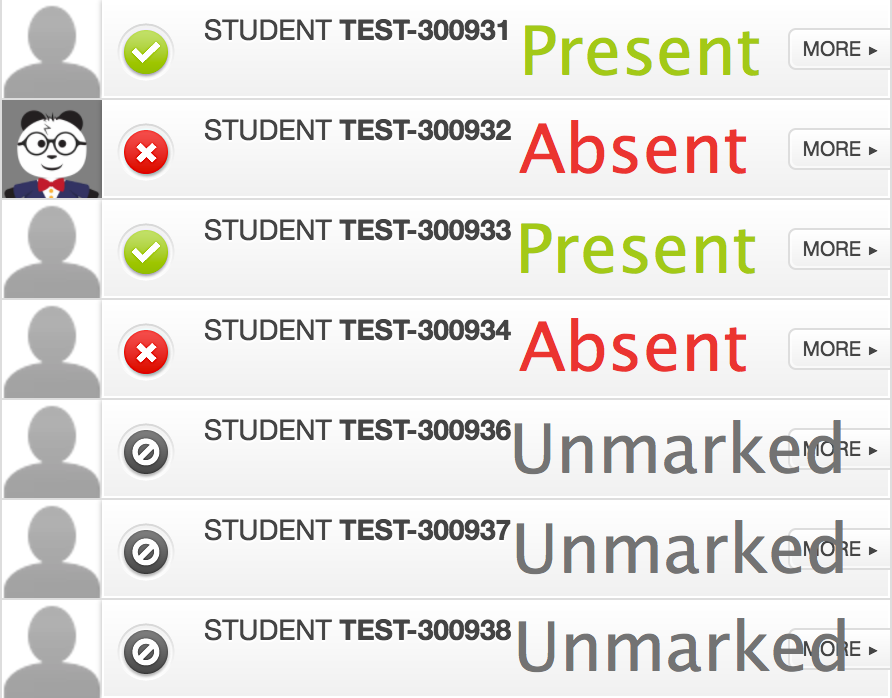 Screenshot of attendance tool with two present, two absent, three unmarked