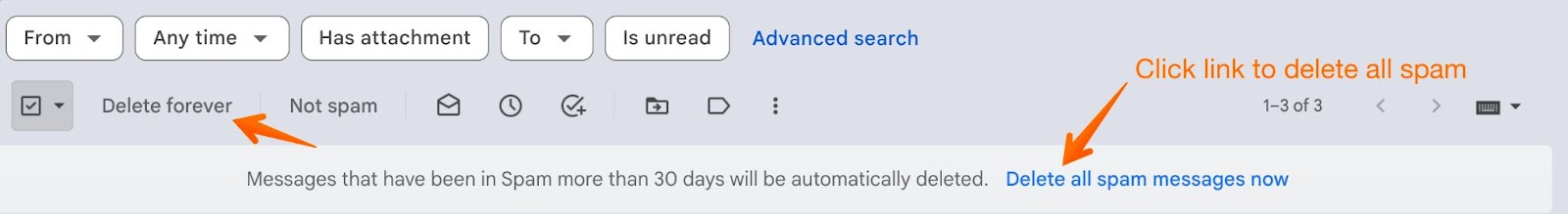 The image is pointing out the "Delete forever" link as well as the "Delete all spam messages now" link.