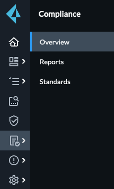 The side menu column in Prisma with the Overview sub-menu of the Compliance section highlighted.