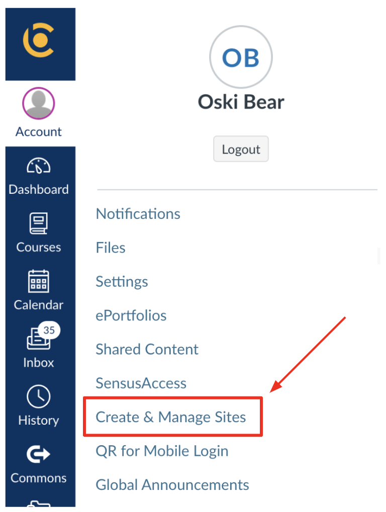 User Menu with "Manage Sites" highlighted