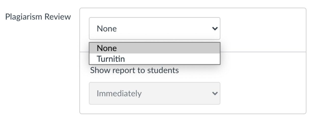 This image shows the dropdown menu for "Plagiarism Review" in bCourses with "Turnitin" selected. 