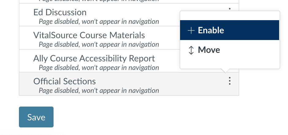 Screenshot of Canvas Settings Navigation Page