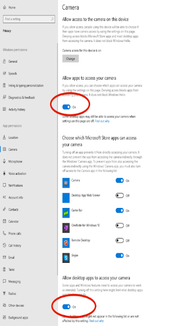 Camera Settings Screenshot Screenshot of Camera settings window highlighting toggles to check for application access