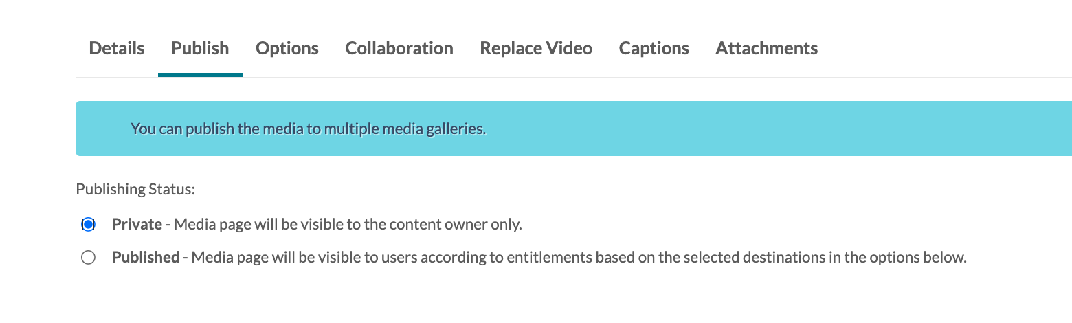 Edit page UI, with Publish tab selected, and Publishing Status set to "Private"