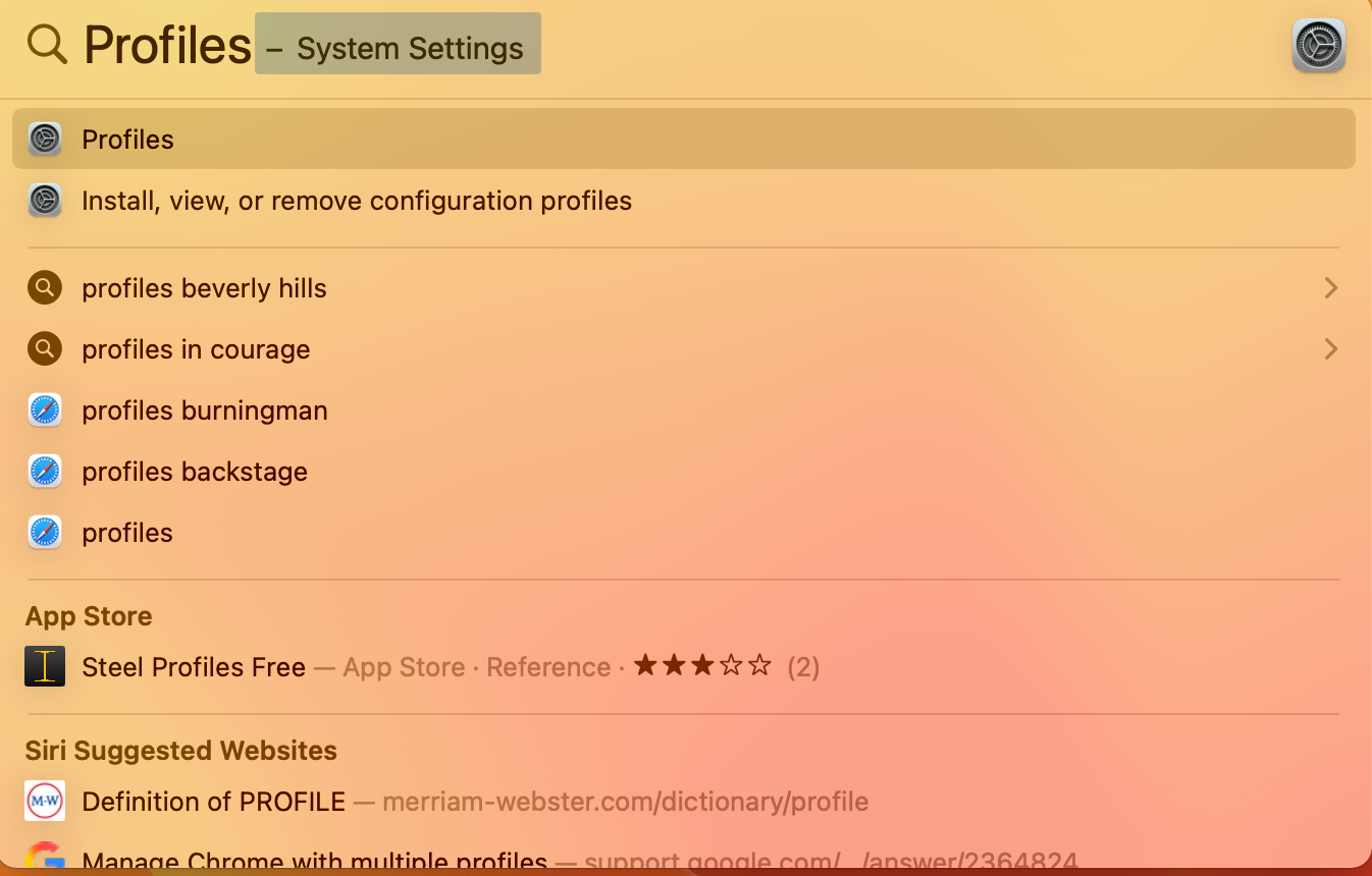 Spotlight search results for Profiles showing System Preferences options to select in order to view installed Configuration Profiles
