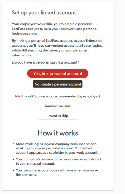 Screenshot of the LastPass "Link your personal account" pop-up window.