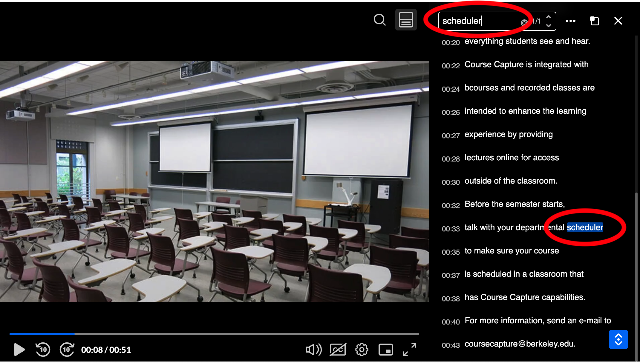 Screenshot of the transcript search results.