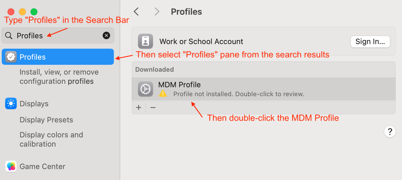 Screenshot with annotated red arrows to direct user to find MDM profile in System Settings