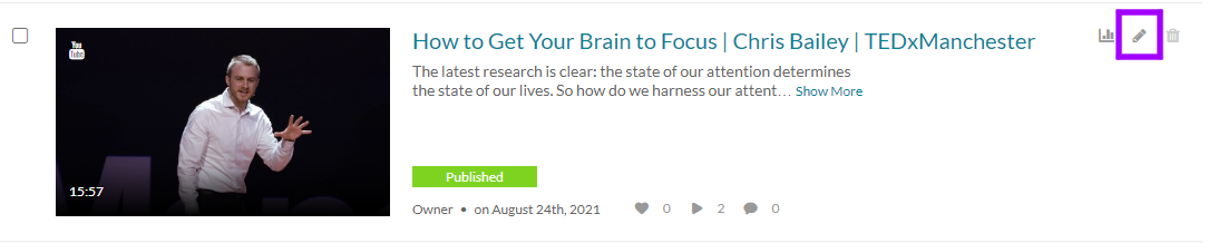 Screenshot of a My Media video entry with the edit icon circled. 