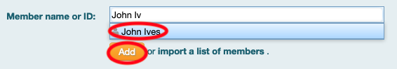 Screenshot shows selecting a member when searching by last name.