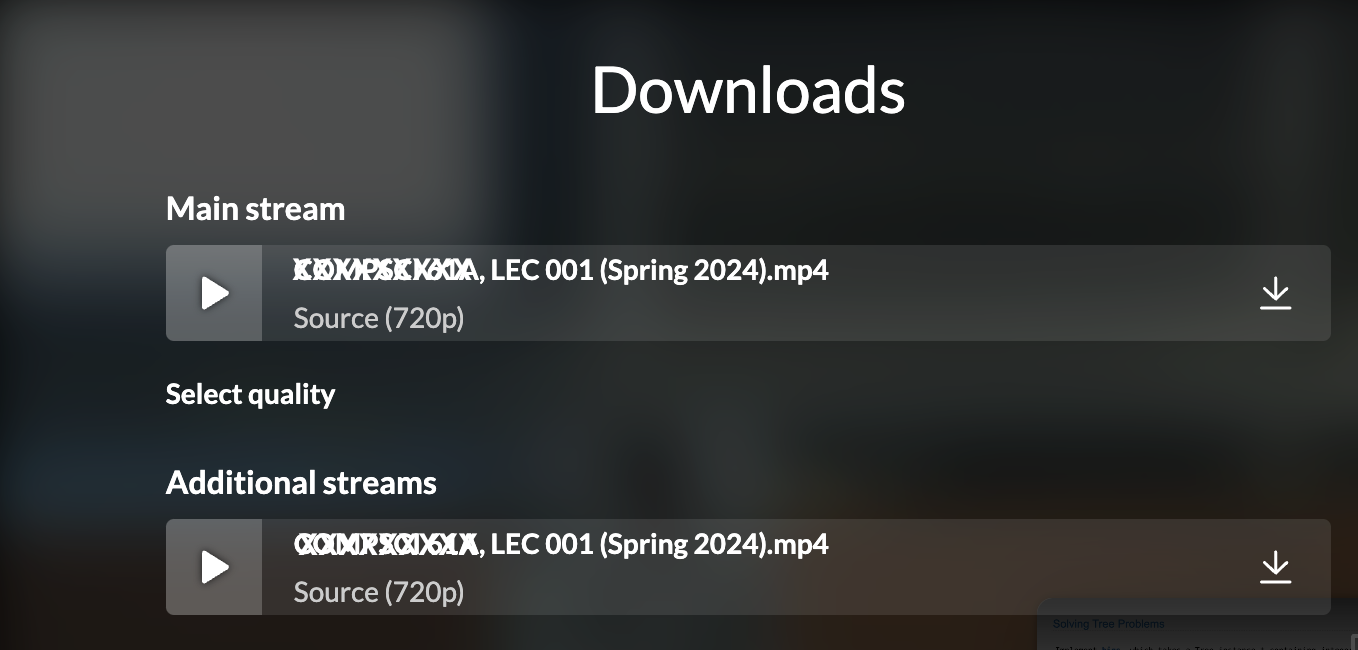 A "Downloads" screen displaying options for a "Main stream" and "Additional streams" of a video. Both streams show a play button, a video file name, a "Source (720p)" quality indicator, and a download icon