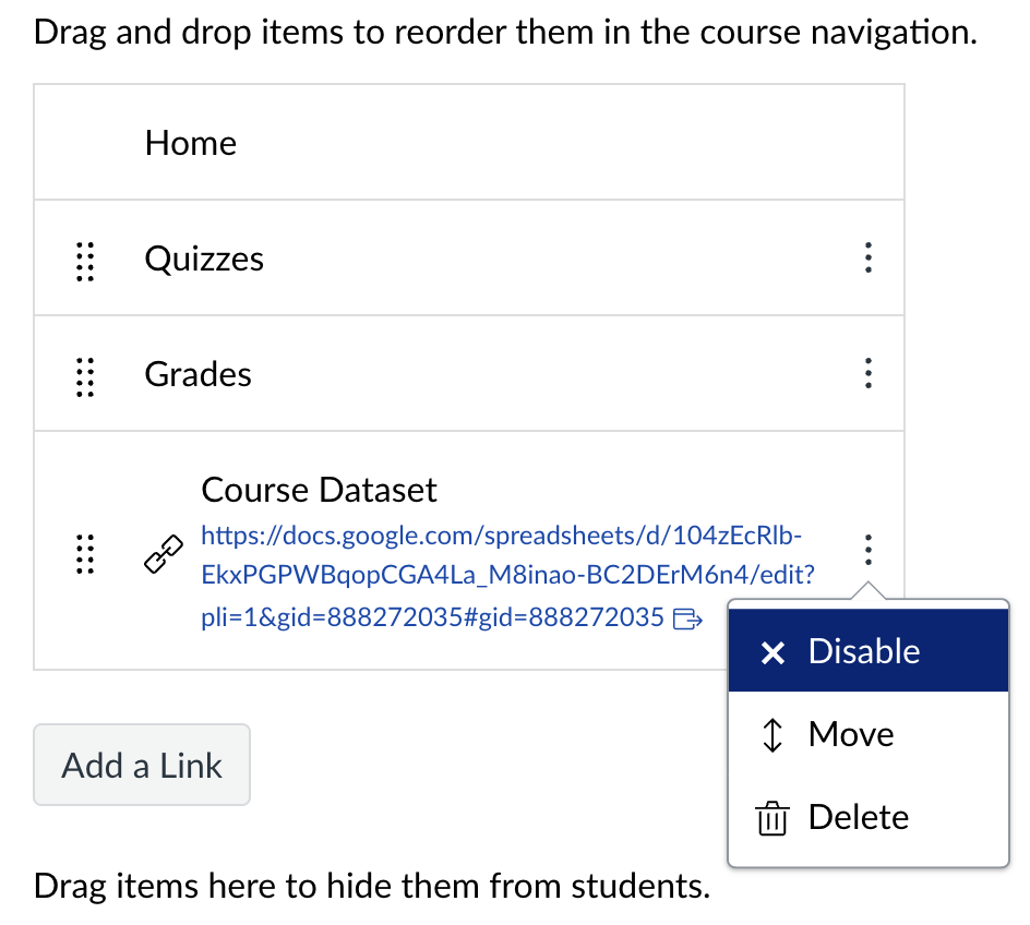 Canvas course navigation menu item options showing Disable, Move, and Delete settings for a custom link item.