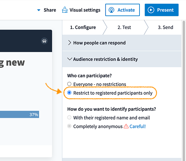 Arrow pointing to "Restrict to registered participants only" radio button.