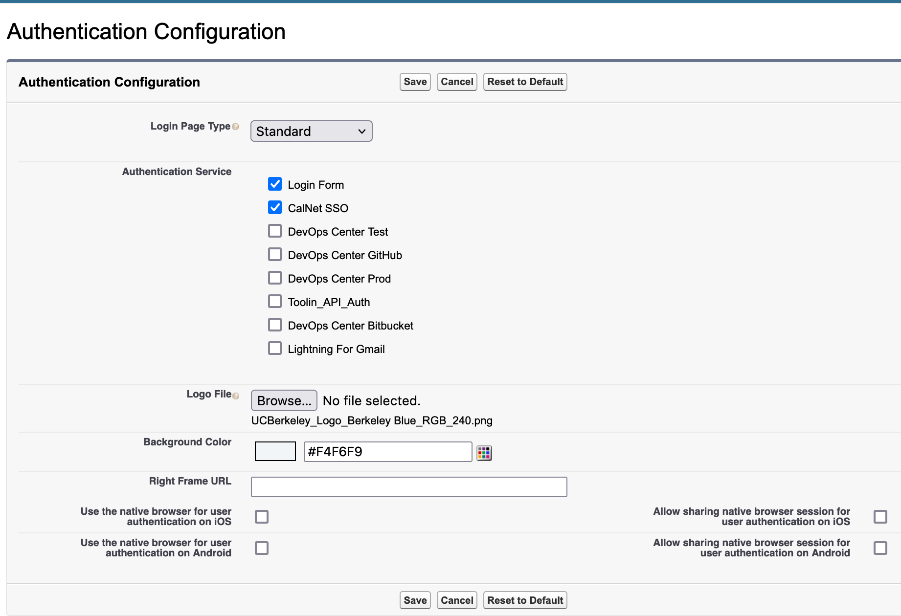 screenshot of the Authentication Configuration page with Login Page Type as "Standard" and boxes checked for "Login Form" and "CalNet SSO"