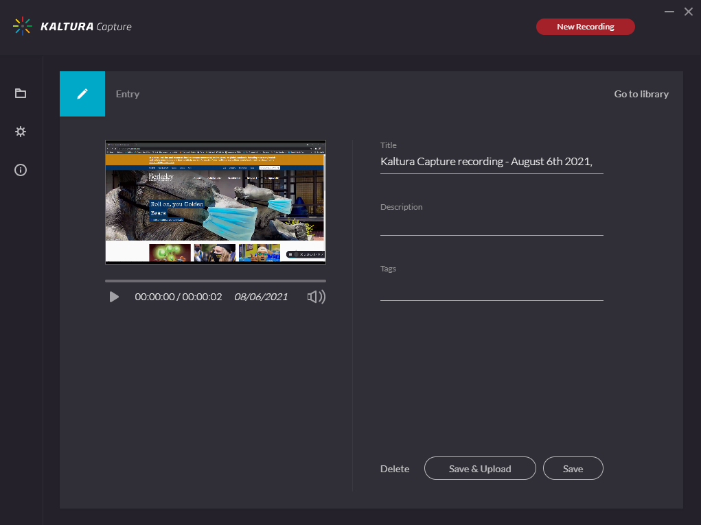 Screenshot of the Kaltura Capture Save & Upload window