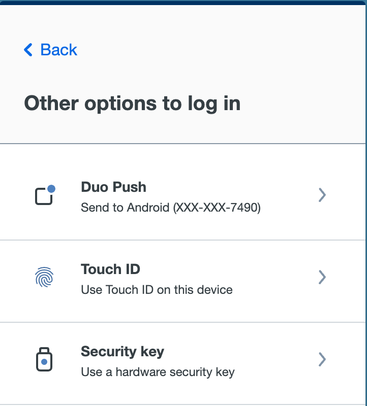 Screenshot of list of duo authentication options