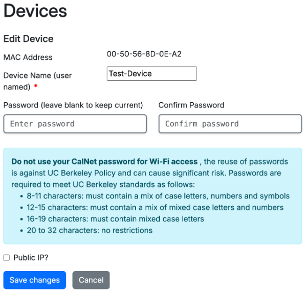 Wi-Fi Keys Berkeley-IoT device edit page