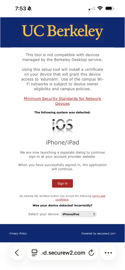 UC Berkeley SecureW2 Enrollment Login Page