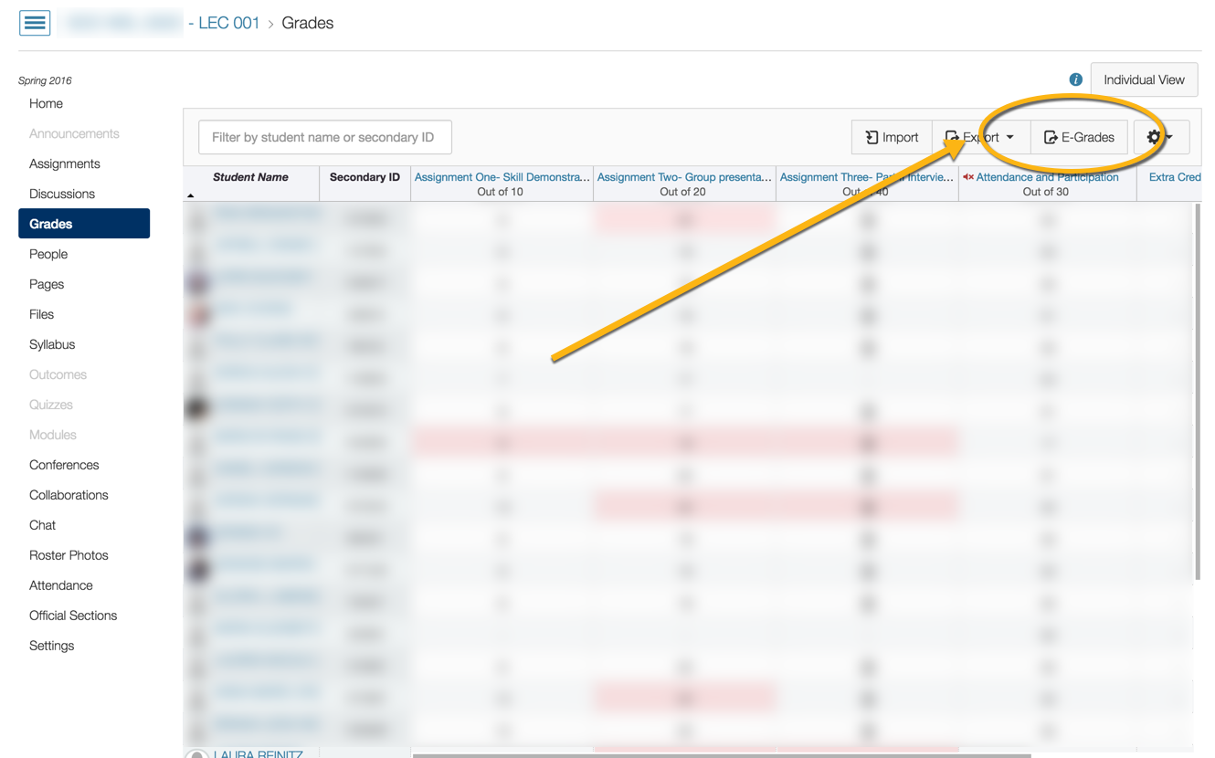 Screenshot of E-Grades link in the Gradebook