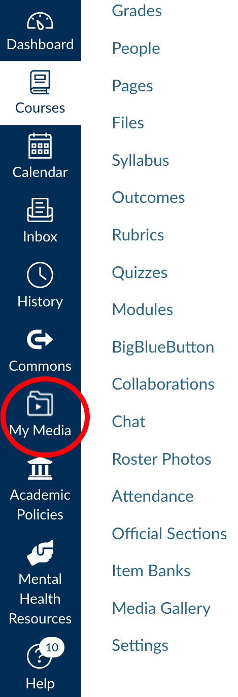screen shot of bCourses global navigation. My Media is the 7th item and is circled..