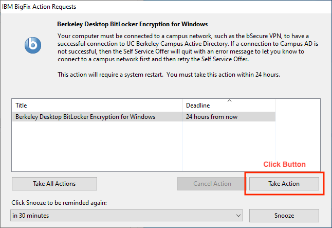 Click the button &ldquo;Take Action&rdquo; on the new window to start the encryption process