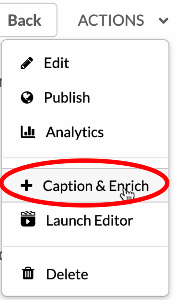 Screenshot showing selecting "Caption & Enrich" from Actions menu