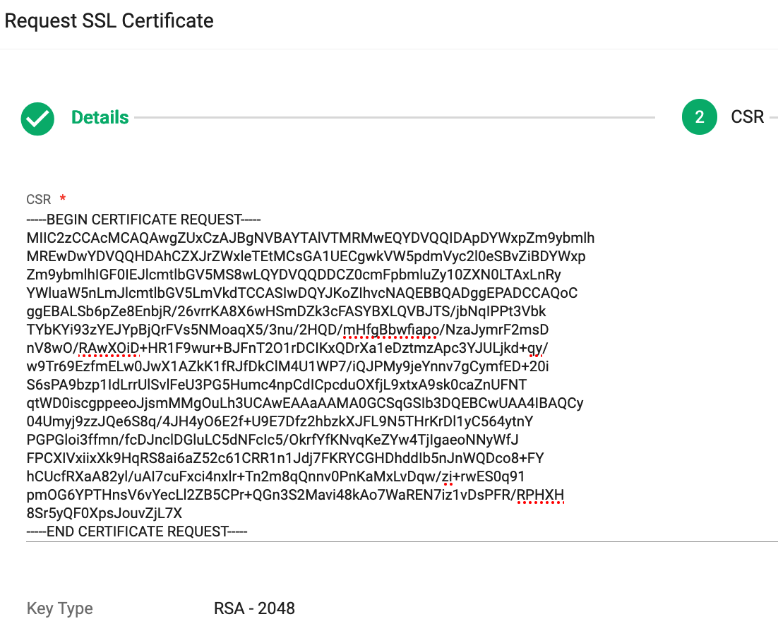 Screenshot of Certificate Request page with CSR pasted in