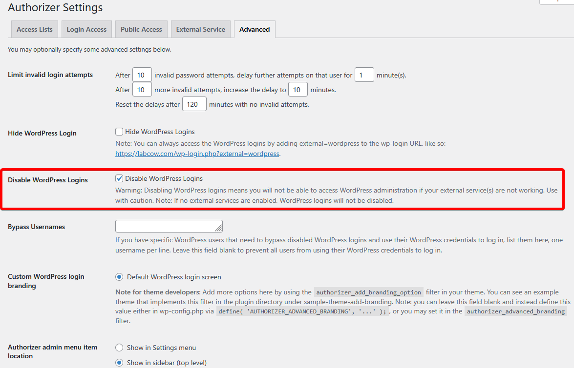 Screenshot of the Authorizer Advanced settings showing the Disable WordPress Logins option.