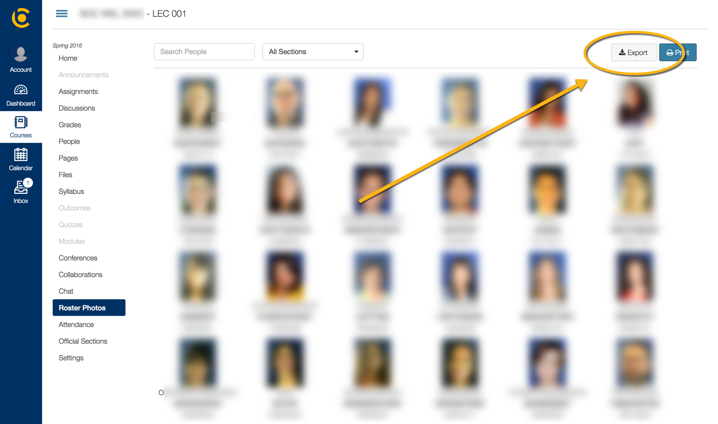 Screenshot of Export link on the Roster Photos tool