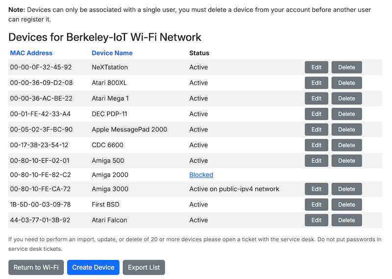 Berkeley-IoT Device Management Page